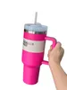 Tasses de créateurs 40oz, gobelets rose vif, tasses avec poignée, gobelets isolés, couvercles en paille, tasses Thermos à café en acier inoxydable