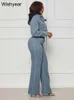 Elegante denim due pezzi set donna manica lunga bottoni coulisse giacche crop top pantaloni larghi jeans abiti streetwear outfit 240110