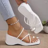 Dress Shoes White PU Leather Wedges Sandals Women Corss Strap Ring Toe Gladiator Sandalias Mujer Summer Slip-On Platform Beach Woman