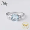 Rings Potiy Genuine Natural Square Sky Blue Topaz 925 Sterling Silver Solitaire Ring for Woman Fashion Gemstone Fine Jewelry