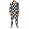 Nachtkleding voor heren Tweekleurige pyjamasets Zwart Wit Dambord Trendy Heren Lange mouwen Retro Nacht 2-delig Nachtkleding Grote maat XL 2XL