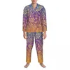 Мужская одежда для сна, пижамы, мужская Золотая ночная рубашка с узором пейсли, фиолетовая, оранжевая, винтажный комплект из 2 предметов, модный домашний костюм большого размера с длинными рукавами