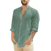 Bawełniany lniany zielona koszula męskie koszule Latsleeve Summer stały kolor stand -up kołnierz swobodny w stylu plażowym bluzka plus rozmiar Chemise 240111