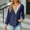 Women's Blouses Women Spring Autumn Top V Neck Hollow Out Patchwork Loose Pullover Long Sleeve Soft Casual Mid Length T-shirt Blouse