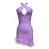 Casual Kleider Fabrik Großhandel Frauen Lila Neckholder Strass Feder Mini Sexy Boutique Promi Cocktail Party Verband Kleid