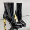 Botas apontadas dedo do pé preto patente couro joelho alto zip ouro salto sexy mulheres 2024 inverno bota alta luxo designer sapatos