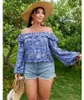 Kvinnors T -skjortor Europeisk och amerikansk stil stor storlek Top Blue White Flower Color One Shoulder Summer Versatile Short Long