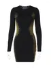 Vestidos casuales Mozision Gold Print Mini vestido para mujeres Primavera O Cuello Manga larga Bodycon Ladies Moda Sexy Vestidos cortos