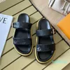 2024 Kvinnor Slides Leather Sandal Bom Flat Mule Slipper Patent Canvas Beach Sandals Rubber Soles Summer Flip Flops