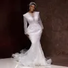 Lyxig bröllopsklänning för brud afrikansk arabisk plus storlek brudklänning sjöjungfru långa ärmar ren nack lysande länder strandkapellklänningar för brudar äktenskap nw002