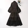 2024 Spring Black Solid Color Brodery Dress Long Sleeve V-Neck Midi Casual Dresses A4J09