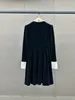 Womens Dress European Fashion brand Black velvet pearl crew neck long sleeved gathered waist mini dress