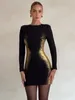 Sukienki swobodne Mozision Gold Print Mini sukienka dla kobiet wiosna o szyję długie rękaw Bodycon panie moda seksowne krótkie vestidos