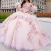 Magnifiques robes de Quinceanera roses pour 15 ans, robe de bal sexy, col en V, épaules dénudées, avec des appliques en dentelle, longue robe de soirée pour filles, 2024