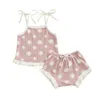 Set di abbigliamento Simpatici adorabili neonate Abiti estivi Abiti floreali a coste per neonati Orlo a pieghe senza maniche Cami Top Pantaloncini con volant Tuta da bambino