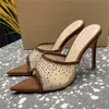 Crystal Crystal Rania Mule Mesh Slippers Quality Designer Suede Silk Stiletto Talon pointé Open Toe en cuir authentique Classic Classic Working Robes Chaussures 1 156