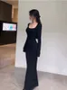 Qweek Y2K Seksi Siyah Elbise Kadınlar Vintage Wrap Slim Bodycon Uzun Elbiseler Parti Akşam Kare Yaka Moda Bahar Kıyafetleri 240111