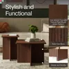 Modern Square Fluted Nesting Coffee Table Set - Low Profile 2 Piece Living Room Furniture with Solid Oak Base in Walnut Finish - Stylish Home Decor