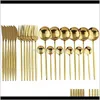 Sets Kitchen Dining Bar Home & Garden Drop Delivery 2021 24Pcs Gold Tableware Stainless Steel Dinnerware LNIFE Fork Spoon Flatware266N