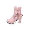 Bottes Sweet Lolita Style Papillon-Noeud Chaîne Volants Cheville Pour Princesse Fermeture À Glissière 5cm Bloc Talon Haut Parti Femmes Chaussures Rose 2024