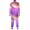 Vêtements de nuit pour hommes Coloré Violet Galaxy Pyjama Ensembles Aquarelle Étoiles Imprimer Kawaii Hommes Manches Longues Vintage Loisirs 2 Pièces Vêtements De Nuit