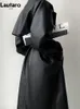 Lautaro printemps automne longue surdimensionné Cool noir doux en cuir Pu Trench manteau pour les femmes ceintures de luxe piste mode européenne 240111