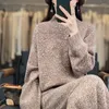 Suéteres femininos 100 cashmere gola alta suéter saia terno floral fio de malha longa de duas peças