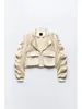 Vestes Femmes Femmes Satin Plissé Bomber Veste Automne Col En V Revers Avec Poche Fermeture À Glissière Manteau 2024 Femelle Élégant Party Club Survêtement