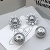 vivianeism westwoodism earrings earrings Grey Pearl Planet Earrings Unique Fashion Personality Saturn Earrings Dark Wind Exaggerated Silver Needle Earrings