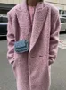Vintage Woolen Blends Overcoat Jacket Women Pink Long Sleeve Turn-down Collar Pocket Female Coats 2024 Spring Buttons Outwear 240112