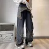Jeans skinny stile giapponese retro high street con tasche incrociate larghe per uomo e donna pantaloni con orlo peloso di nicchia autunnale y2k 240112