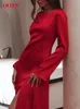 Casual Dresses Elegant Red O Neck Long Dress 2024 Sexig satin Split A Line Women Fashion Flare Sleeve Spring Dxhet