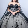 Black Ball Gown Quinceanera Dress 2024 Tulle Appliques Flowers Beads Ruffles With Cape Sweet 15 16 Years Birthday Party Formal