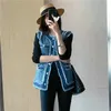 Spring Autumn Korean Women Retro Slim Tickets Plaid Tassel Vest Female Waistcoat virkning Frayed Denim Vest Single-Breasted Tops 240112