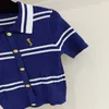 Designer mulheres polo camisas moda elegante azul emenda listras primavera verão lapela botão de malha cardigan top