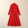 유럽과 미국 여성 2024 겨울 뉴 비즈 칼라 긴 소매 붉은 패션 주름 드레스 xxl