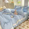 Pink Lace Ruffle Bowknot Duvet Cover Bed Skirt Linens Pillowcases Luxury Bedding Set For Girls Woman Decor Home 240112