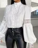 Blusas femininas moda mulher blusa 2024 primavera rendas remendo lanterna manga abotoada casual gola simples longo camisa diária topo