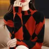 Pullover color contrast diamond check sweater women half high neck sweater loose sweater knitting pullover female top 240112