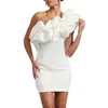 Suninheart Elegant Women Ruffle Short Dress White Bodycon Party Ladies One Shoulder Satin Tight Fitting Fully Lined 240111