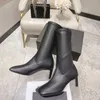 Stivali firmati Stivali con tacco alto in pelle di vacchetta Stivali Chelsea con punta quadrata Stivali con tacco grosso Stivali alla caviglia per donna Scarpe di lusso di alta qualità