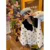 Women's Trench Coats Black White Contrasting Flower Cotton Jacket 2024 Girl Trend Doll Neck Loose Oversize Warm Coat Fashion Sweet Cute