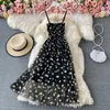 Casual Dresses YIBER Dress Summer High Waist Suspender Daisy Flower Print French Retro Temperament Slimming Fashion For Women Long