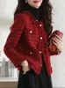 Giacca corta rossa in tweed Donna Moda coreana Nappa Girocollo Design Cappotto AllMatch Autunno Monopetto Bottone Capispalla di lusso 240112