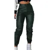 Pantalon femme Faux cuir lisse taille haute élastique dame pantalons longs poches à la cheville fermeture éclair coupe ajustée moto