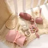 Baby Birth Vintage Box Silicone Rattle Beech Elephant Hand Tingeing träring Spela Gym Montessori barnvagn Toy Set Gift 240111