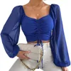 Women's T Shirts Women Sheer Puff Sleeve Blouse Ruched Tie Up Sweetheart Neck Crop Top