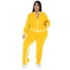 Plus size l5xl conjunto de duas peças feminino sweatsuit zip listrado superior fenda sweatpants jogger outfit combinando gota por atacado 240111