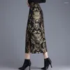 Юбки Бархатная юбка для женщин Осень-зима Ретро приталенный крой с разрезом средней длины на один шаг