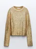 Frauen Mode Gold Helle Seide Pullover Chic O Neck Langarm Dünne Weibliche Pullover 2023 Herbst Streetwear Solide Jumper 240112